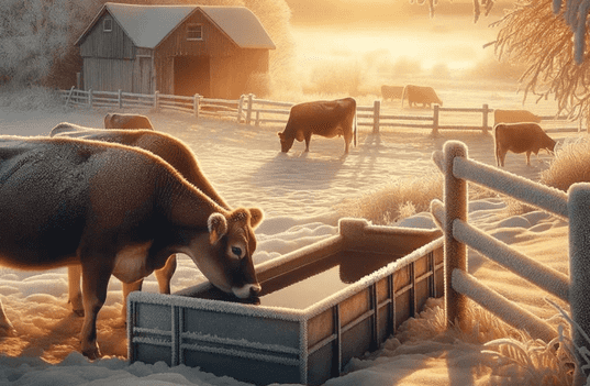 Cow drinking from a trough with cold weather cattle watering solutions to prevent freezing.